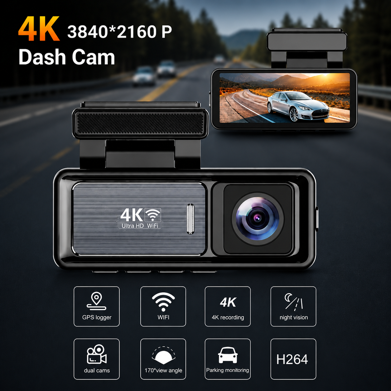 Cámara Dash Cam 4K inteligente con grabación dual
